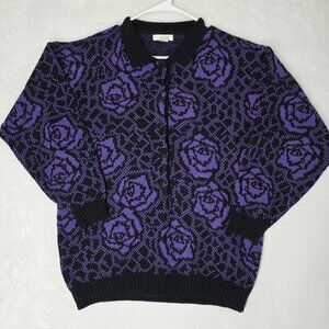 Jamie Scott Sweater M Purple Black Roses Floral Retro Button Front Vintage 1990s